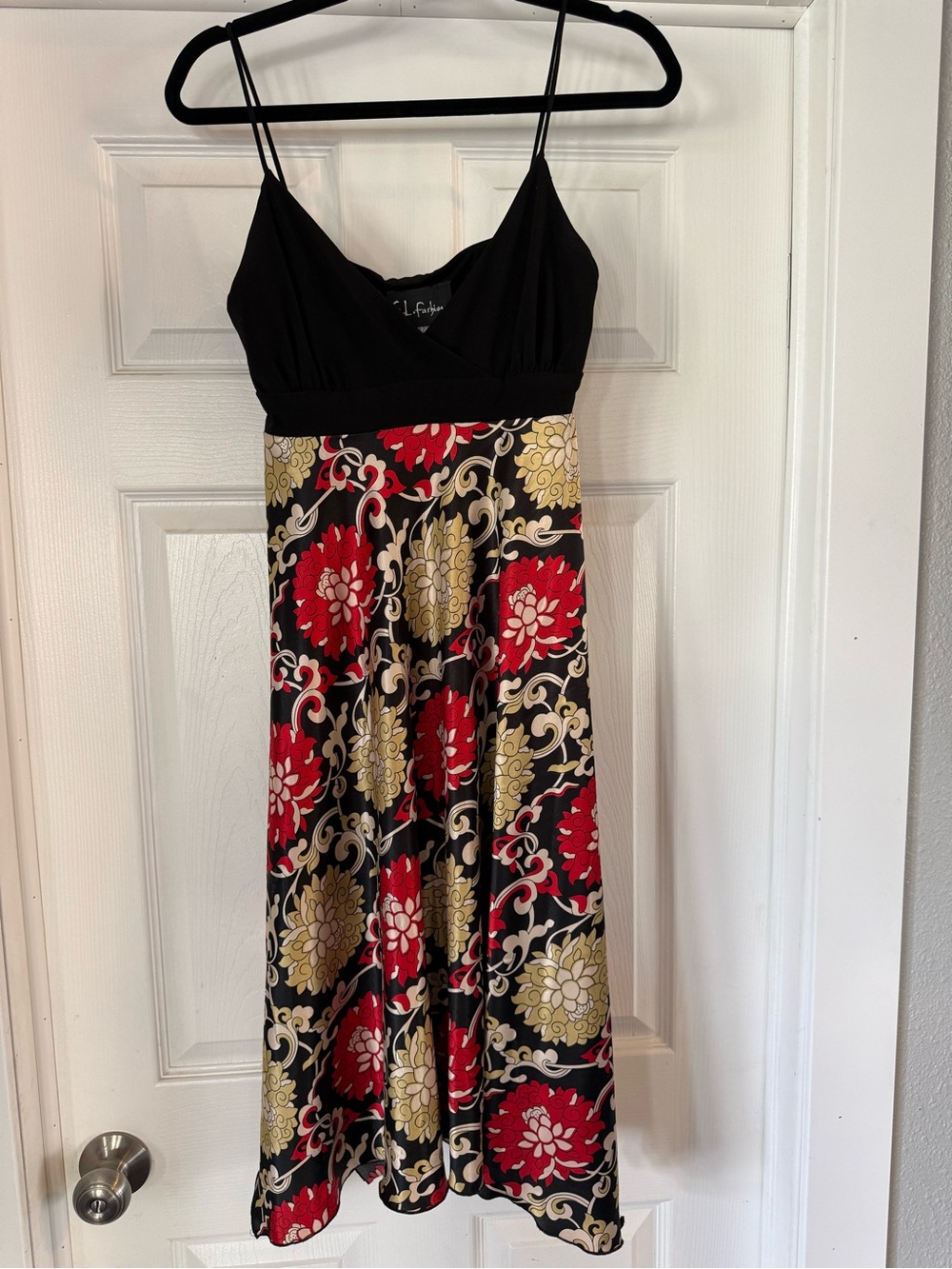 S.L. Fashions Black Bodice Red & Gold Floral Midi Dress